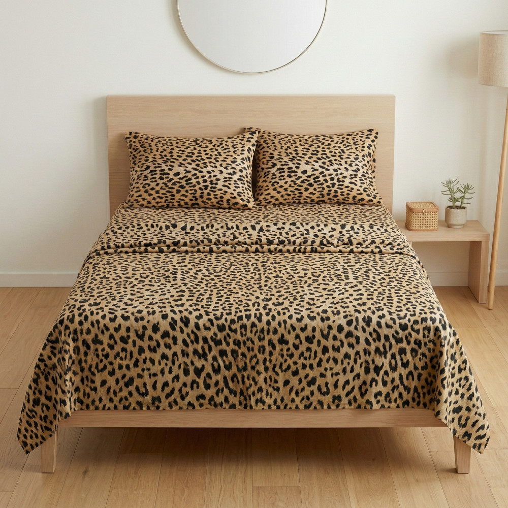 Safari-Bettlaken-Set Leopard 100% Baumwolle hergestellt in Italien – unten mit Ecken H 25 cm