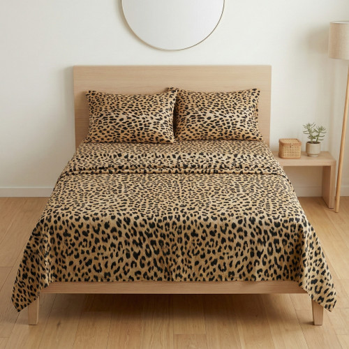 Safari-Bettlaken-Set Leopard 100% Baumwolle hergestellt in Italien – unten mit Ecken H 25 cm