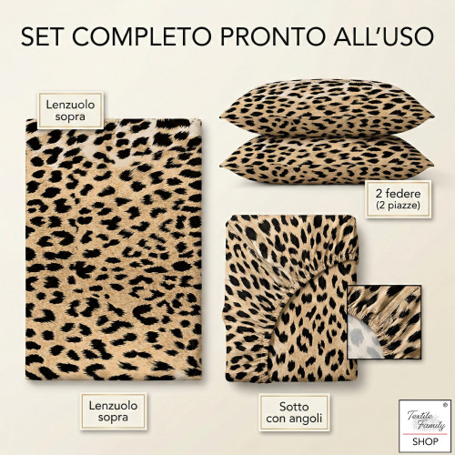 Safari-Bettlaken-Set Leopard 100% Baumwolle hergestellt in Italien – unten mit Ecken H 25 cm