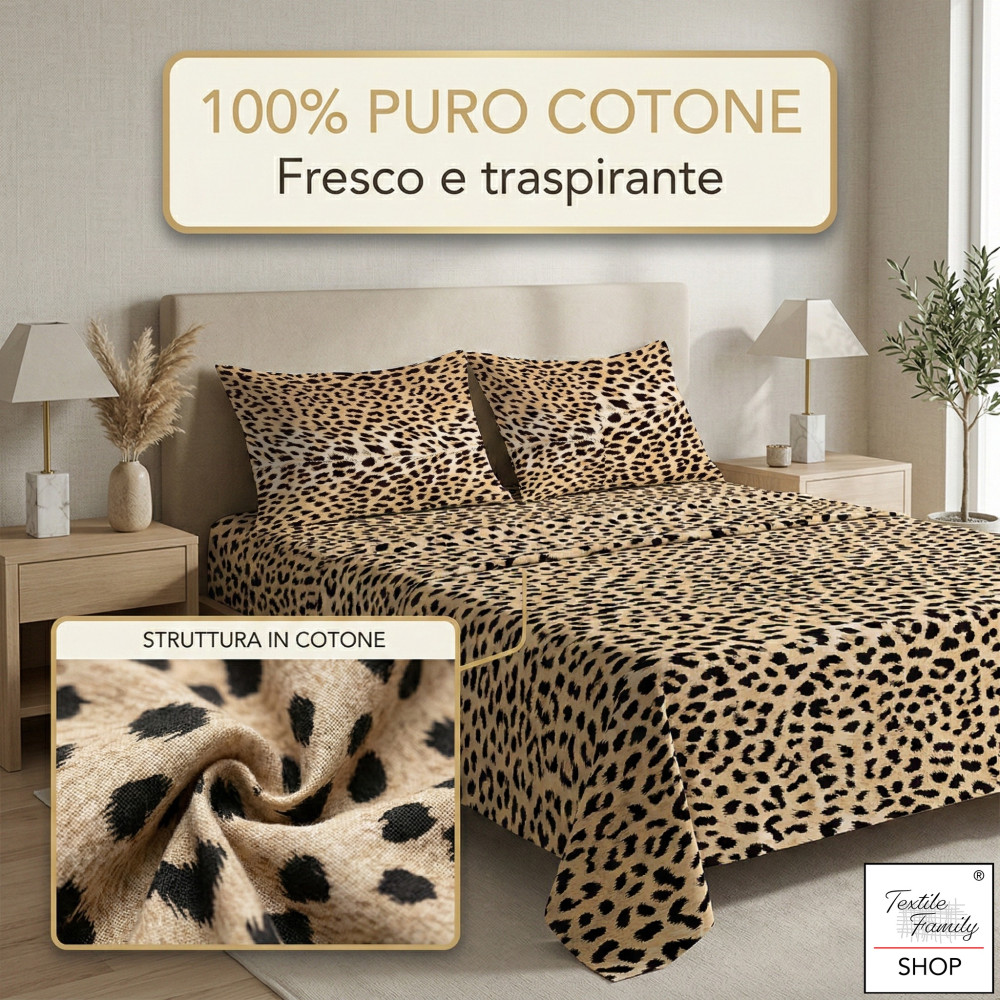Safari Bed Sheet Set Leopard 100% Cotton Made in Italy – Below with Corners H 25 cm