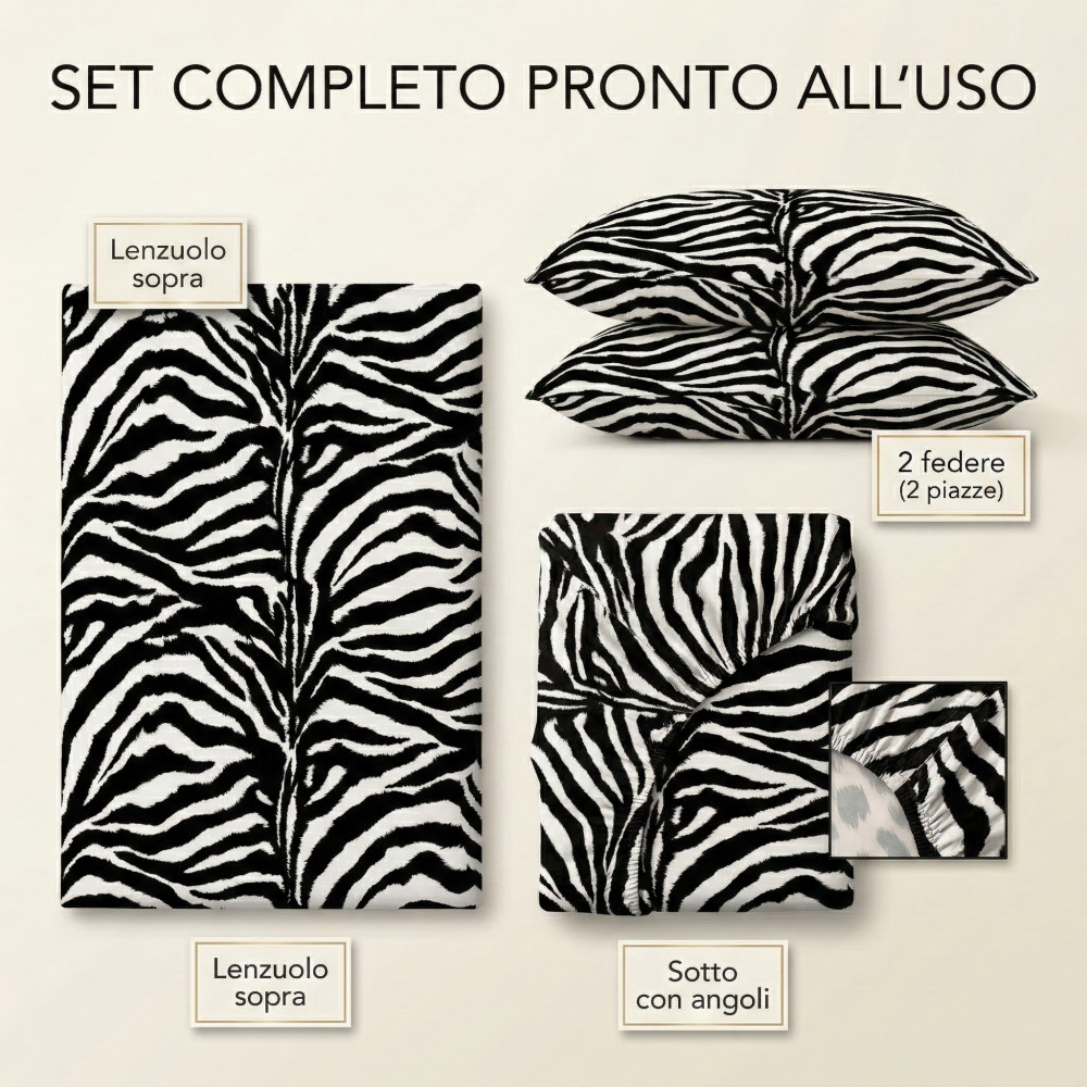 Completo LENZUOLO Lenzuola ZEBRATO Bianco e Nero SEXI in Puro cotone Made in Italy