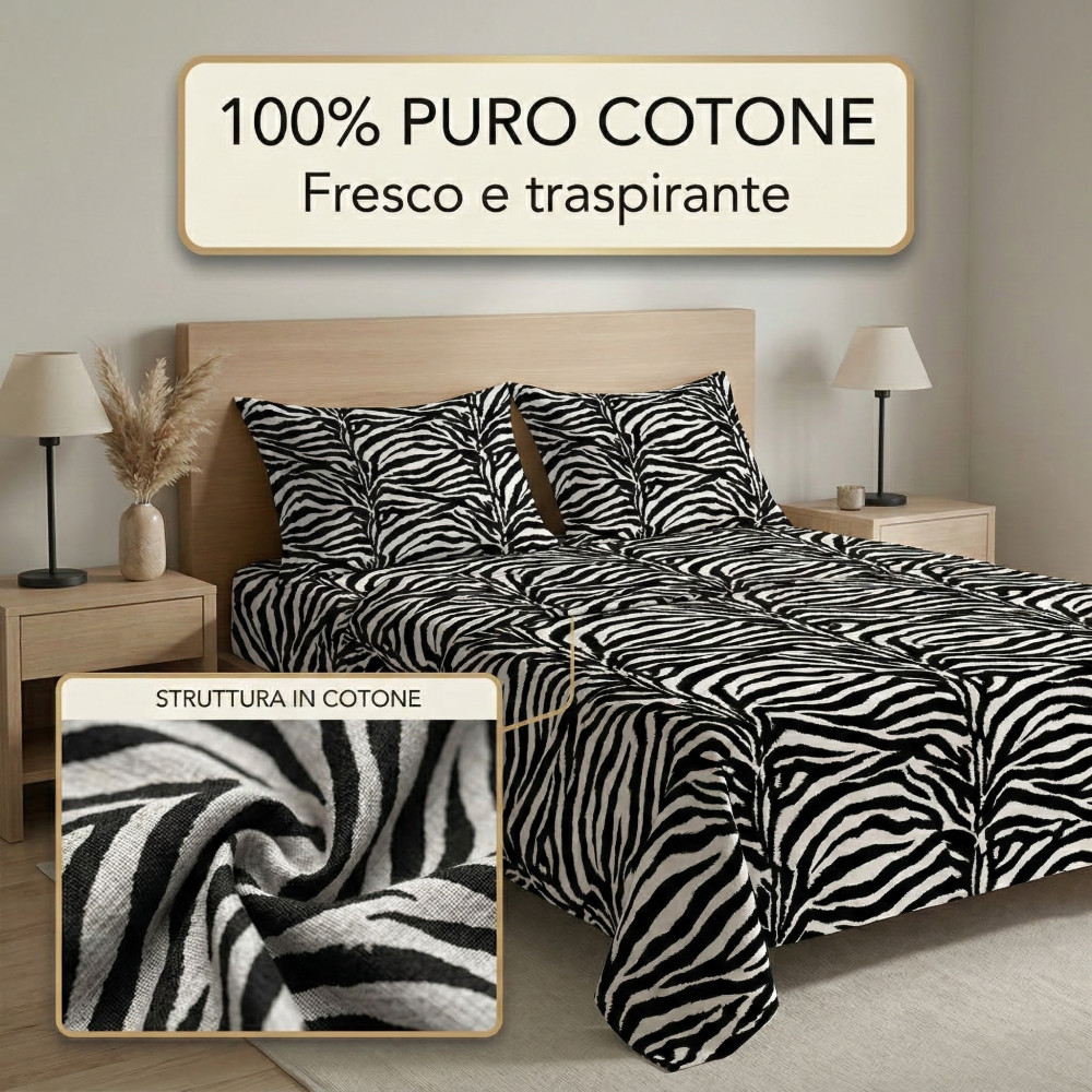 Completo LENZUOLO Lenzuola ZEBRATO Bianco e Nero SEXI in Puro cotone Made in Italy