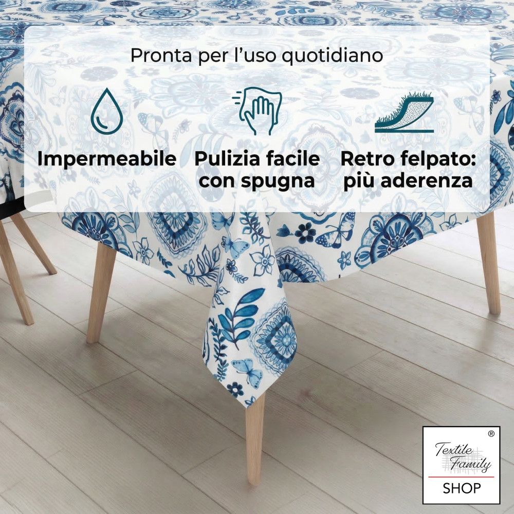 Washable waterproof PVC plastic-coated tablecloth LIMA "Capri Blu", non-slip fleece back, Made in Italy