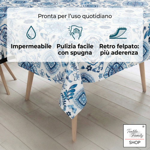Waschbare, wasserdichte, PVC-Kunststoffbeschichtete Tischdecke LIMA "Capri Blu", rutschfester Fleecerücken, hergestellt in Itali