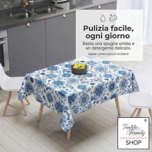 Mantel impermeable de PVC recubierto con plástico LIMA "Capri Blu", respaldo antideslizante de forro polar, fabricado en Italia