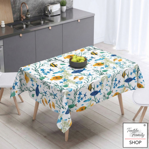 Pescado de color mantel plastificado con PVC LIMA, impermeable lavable, respaldo de forro polar antideslizante, fabricado en Ita