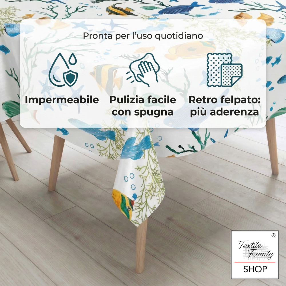 LIMA PVC plastifizierter Tischdecken-farbiger Fisch, waschbarer Regenmantel, rutschfester Fleecerücken, hergestellt in Italien