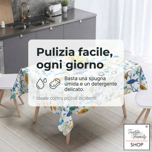 Pescado de color mantel plastificado con PVC LIMA, impermeable lavable, respaldo de forro polar antideslizante, fabricado en Ita