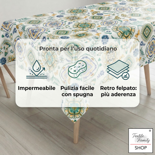 Nappe plastifiée en PVC LIMA Capri Green, imperméable lavable, dos en polaire antidérapant, fabriqué en Italie