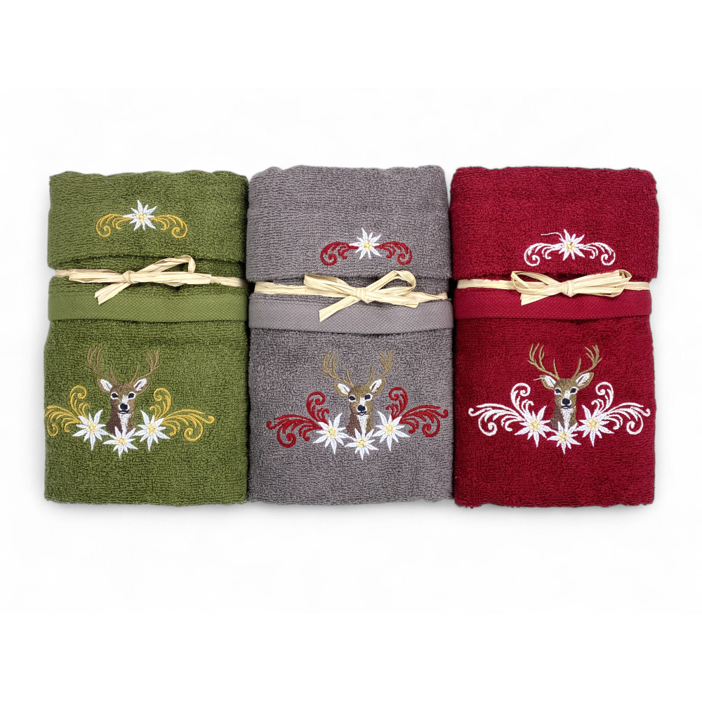 Hellgraues Tiroler Hirsch- und Edelweiss-Handtuchset – Tirol – 100% Baumwollfrotee – Made in Italy Embroidery