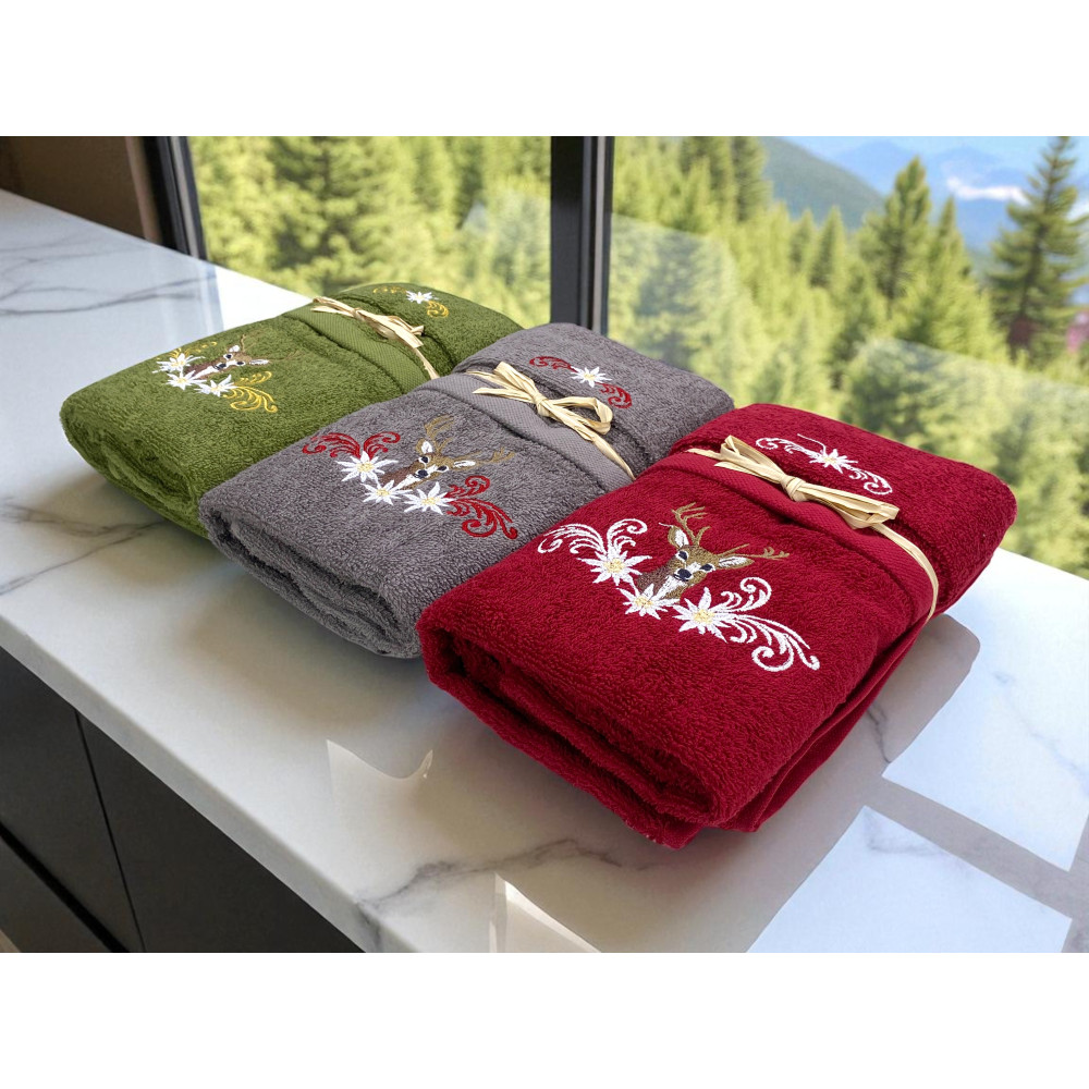 Set de toallas gris claro de ciervo tirolés y edelweiss - Tirol - Garri 100% algodón - bordado hecho en Italia
