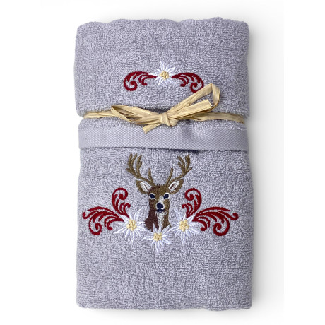Set Asciugamani Tirolese Cervo e Stelle Alpine Grigio Chiaro - Tirolo - Spugna 100% Cotone - Ricamo Made in Italy