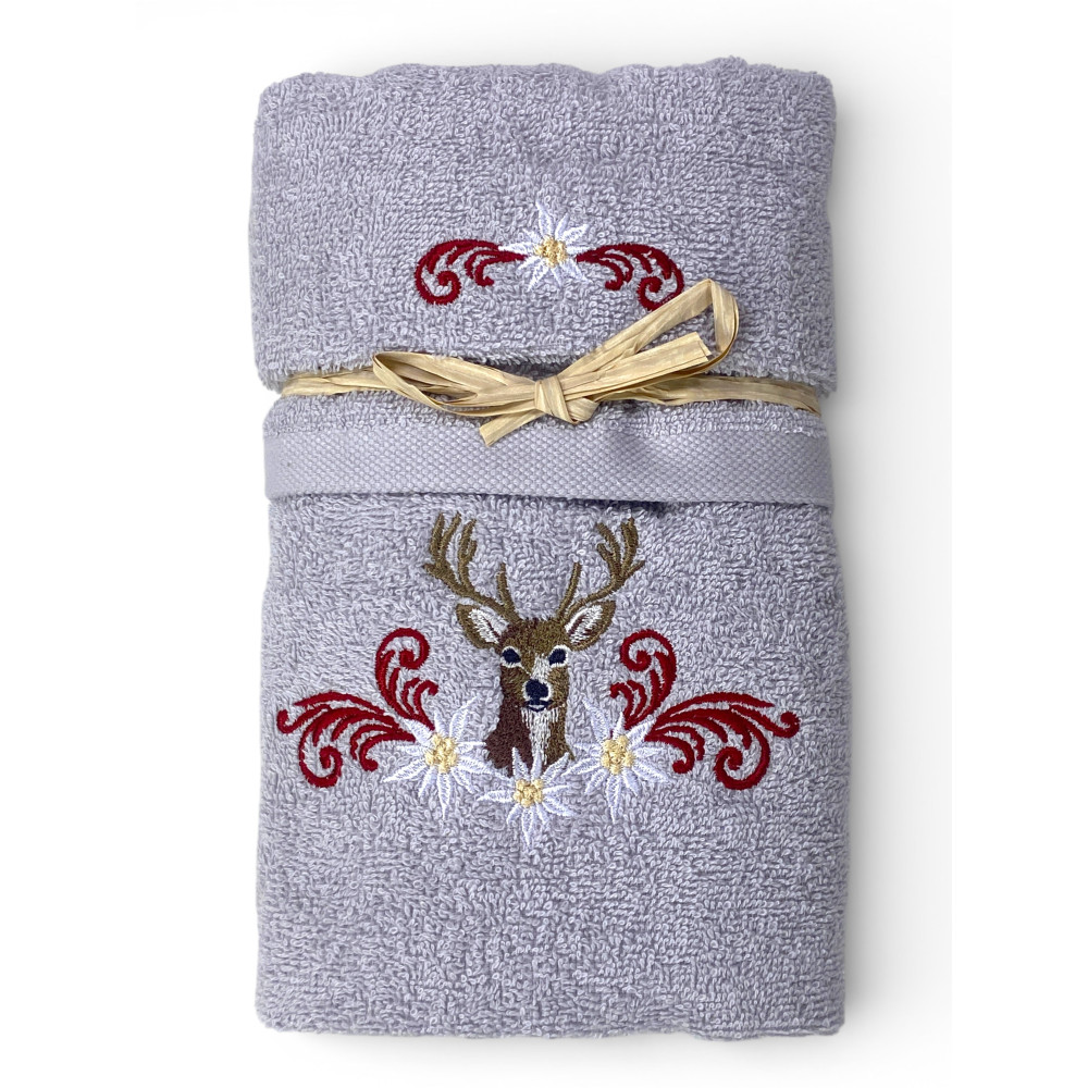 Hellgraues Tiroler Hirsch- und Edelweiss-Handtuchset – Tirol – 100% Baumwollfrotee – Made in Italy Embroidery