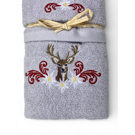 Set de toallas gris claro de ciervo tirolés y edelweiss - Tirol - Garri 100% algodón - bordado hecho en Italia