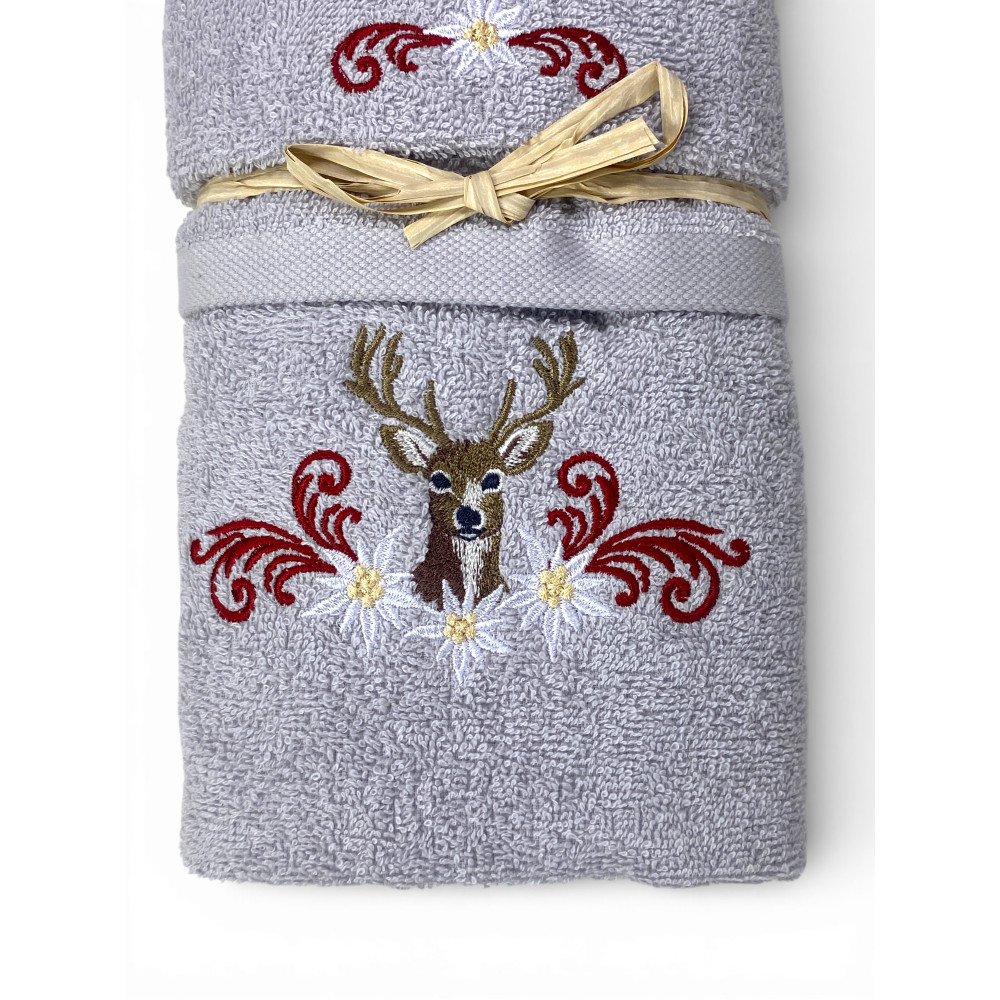 Hellgraues Tiroler Hirsch- und Edelweiss-Handtuchset – Tirol – 100% Baumwollfrotee – Made in Italy Embroidery