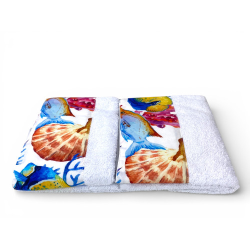 Ensemble de serviettes de plage blanches 500 g/m² 100 % coton | 1 serviette 60x110 + 1 invité 40x60 avec volant d’aquarium à poi
