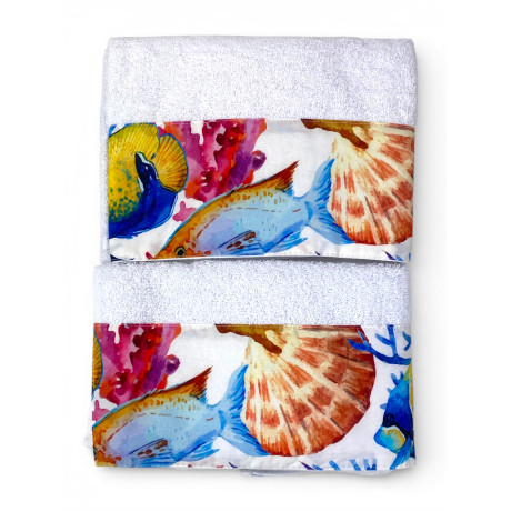 White Beach Towel Set 500 g/m² 100% Cotton | 1 Towel 60x110 + 1 Guest 40x60 with Fish Aquarium Flounce
