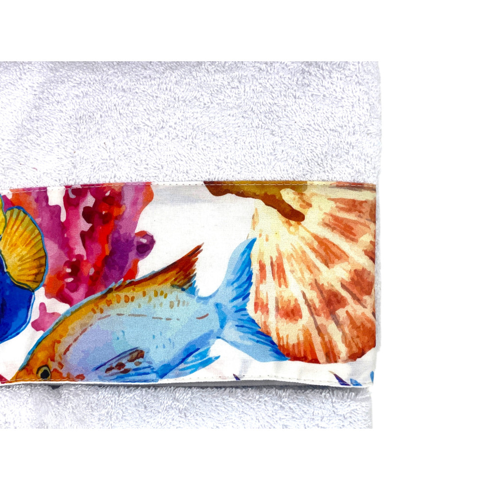 Ensemble de serviettes de plage blanches 500 g/m² 100 % coton | 1 serviette 60x110 + 1 invité 40x60 avec volant d’aquarium à poi
