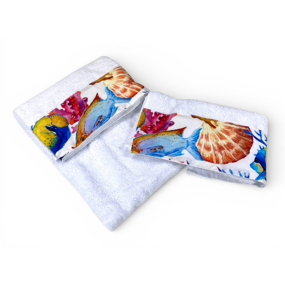 White Beach Towel Set 500 g/m² 100% Cotton | 1 Towel 60x110 + 1 Guest 40x60 with Fish Aquarium Flounce