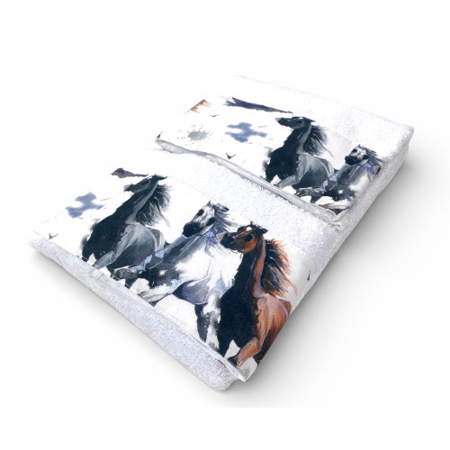 Juego de toallas para caballos blanco 500 g/m² 100% algodón | 1 toalla 60x110 + 1 invitado 40x60 con flout impreso