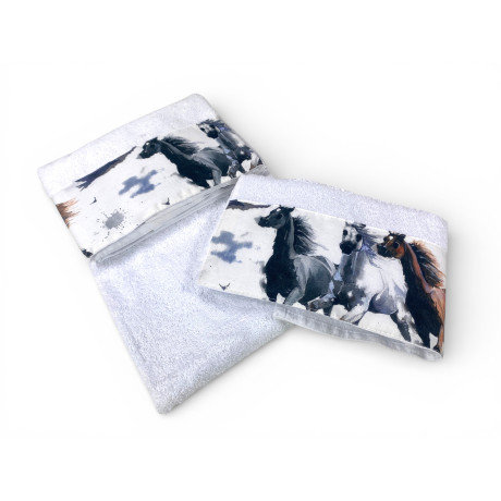 Ensemble de serviettes pour chevaux blanc 500 g/m² 100 % coton | 1 serviette 60x110 + 1 invité 40x60 avec flout imprimé
