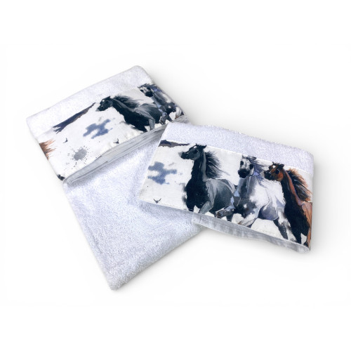 Juego de toallas para caballos blanco 500 g/m² 100% algodón | 1 toalla 60x110 + 1 invitado 40x60 con flout impreso