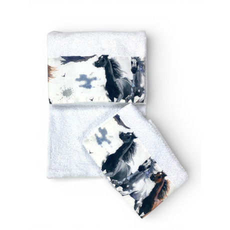 Ensemble de serviettes pour chevaux blanc 500 g/m² 100 % coton | 1 serviette 60x110 + 1 invité 40x60 avec flout imprimé