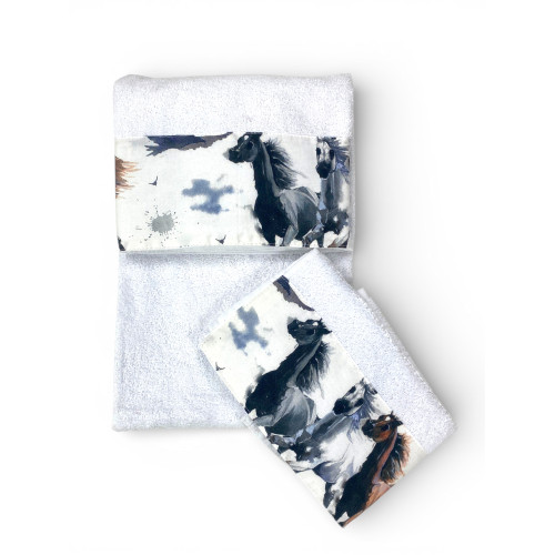 Horse Towel Set White 500 g/m² 100% Cotton | 1 Towel 60x110 + 1 Guest 40x60 with Printed Flout