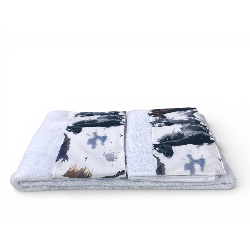 Ensemble de serviettes pour chevaux blanc 500 g/m² 100 % coton | 1 serviette 60x110 + 1 invité 40x60 avec flout imprimé