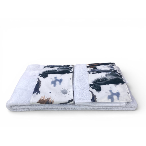 Set Asciugamani Cavalli Bianco 500 g/m² 100% Cotone | 1 Asciugamano 60x110 + 1 Ospite 40x60 con Balza Stampata