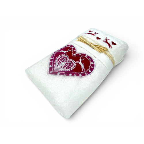 Tyrolean Towel Set Cream Heart Deer Embroidered | 1 Towel 60x110 + 1 Guest 40x60 100% Cotton Made in Italy