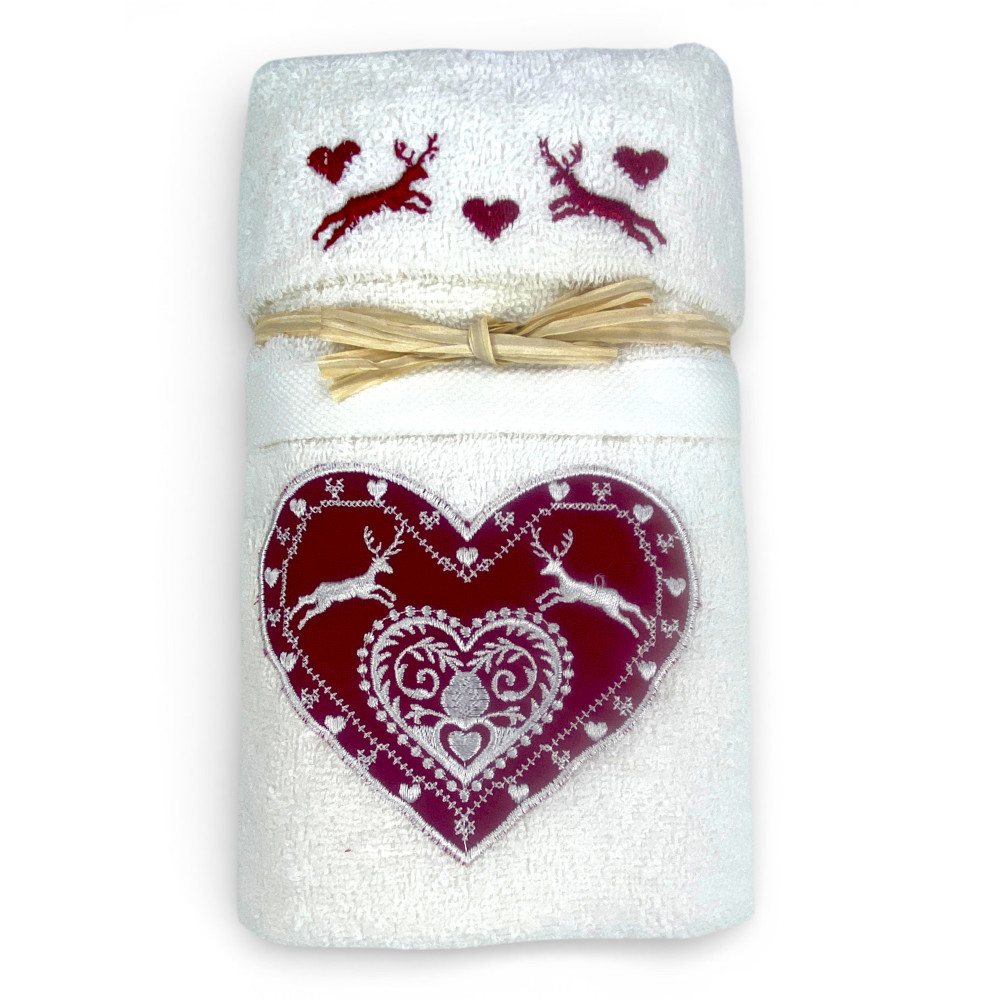 Tiroler Handtuchset Cremeherz Hirsch bestickt | 1 Handtuch 60x110 + 1 Gast 40x60 100% Baumwolle aus Italien