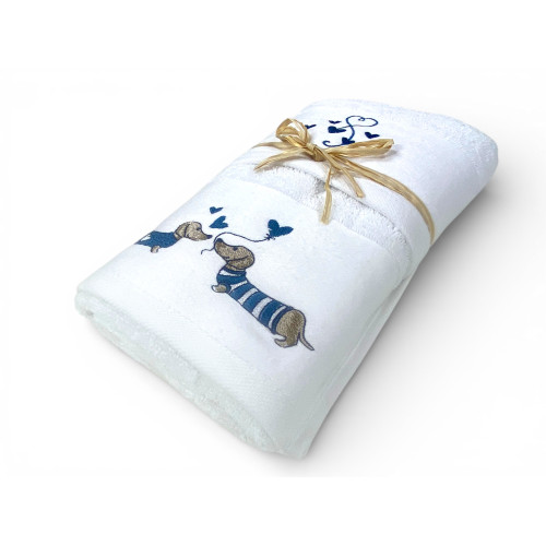 Blue Dachshund Towel Set in White Terry 100% Cotton | 1 Towel 60x110 + 1 Guest 40x60 Embroidery Hearts | Made in Italy