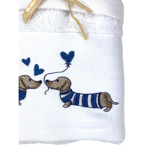 Blue Dachshund Towel Set in White Terry 100% Cotton | 1 Towel 60x110 + 1 Guest 40x60 Embroidery Hearts | Made in Italy