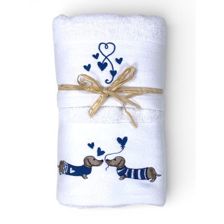 Blaues Dackel-Handtuch-Set aus weißem Frotty, 100% Baumwolle | 1 Handtuch 60x110 + 1 Gast 40x60 Stickherzen | Hergestellt in Ita