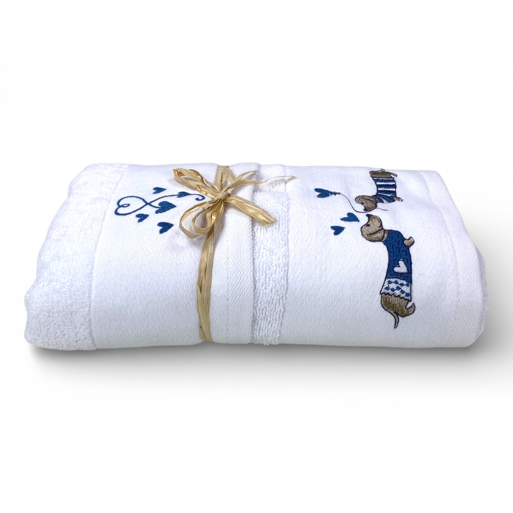 Set de toallas Blue Dachshund en White Terry 100% algodón | 1 Toalla 60x110 + 1 invitado 40x60 Corazones bordados | Fabricado en