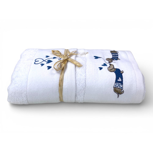 Ensemble de serviettes teckel bleu en éponge blanche 100 % coton | 1 serviette 60x110 + 1 invité 40x60 cœurs brodés | Fabriqué e