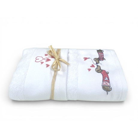 Pink Dachshund Towel Set in White Terry 100% Cotton | 1 Towel 60x110 + 1 Guest 40x60 Embroidery Hearts | Made in Italy