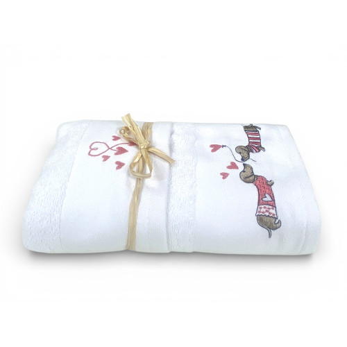 Ensemble de serviettes teckels roses en éponge blanche 100 % coton | 1 serviette 60x110 + 1 invité 40x60 cœurs brodés | Fabriqué