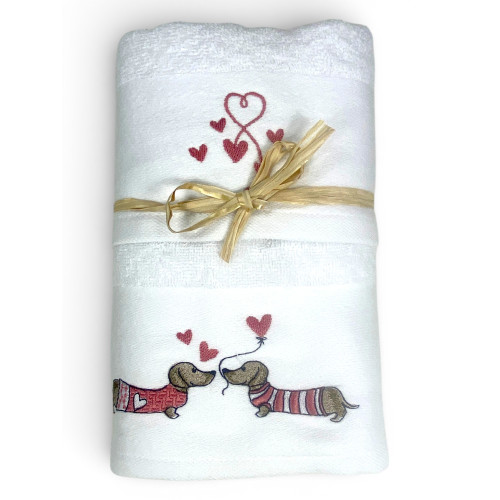 Set Asciugamani Bassotti Rosa in Spugna Bianca 100% Cotone | 1 Asciugamano 60x110 + 1 Ospite 40x60 Ricamo Cuori | Made in Italy