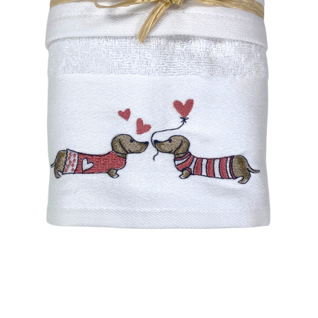 Pink Dachshund Towel Set in White Terry 100% Cotton | 1 Towel 60x110 + 1 Guest 40x60 Embroidery Hearts | Made in Italy
