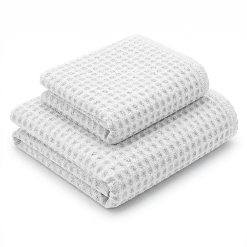 Serviettes en nid d’abeille 100 % coton 330 g/m² Fabriquées en Italie – Ensemble 2 pièces (60x110 + 40x60) Tex Family – Blanc