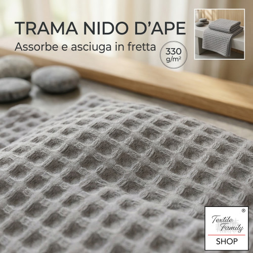 Asciugamani Nido d’Ape 100% Cotone 330 g/m² Made in Italy – Set 2 Pezzi (60x110 + 40x60) Tex Family – Bianco