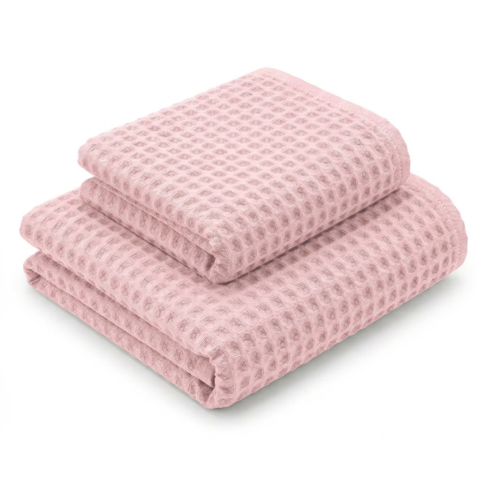 Serviettes en nid d’abeille 100 % coton 330 g/m² Fabriquées en Italie – Ensemble de 2 pièces (60x110 + 40x60) Tex Family – Rose