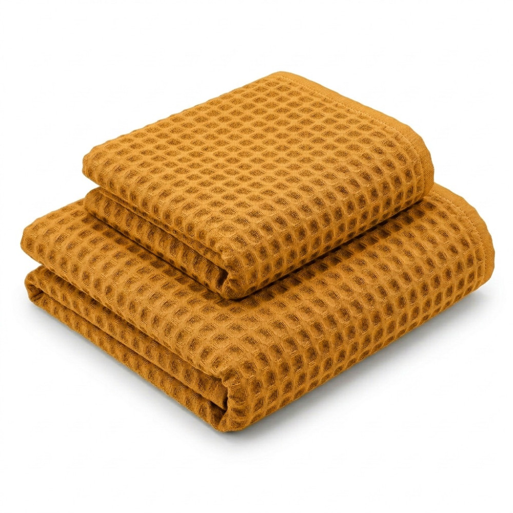 Honeycomb Towels 100% Cotton 330 g/m² Made in Italy – Set 2 Pieces (60x110 + 40x60) Tex Family – Ochre