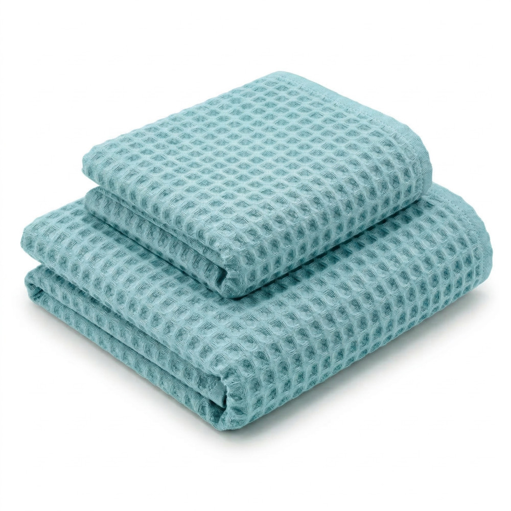 Serviettes en nid d’abeille 100 % coton 330 g/m² Fabriquées en Italie – Ensemble de 2 pièces (60x110 + 40x60) Tex Family – Aigue