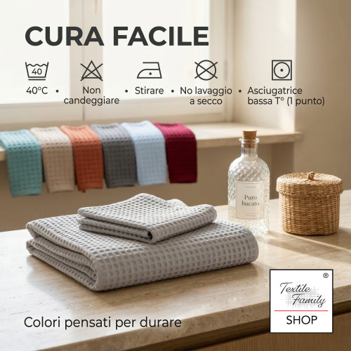 Asciugamani Nido d’Ape 100% Cotone 330 g/m² Made in Italy – Set 2 Pezzi (60x110 + 40x60) Tex Family – Ocra