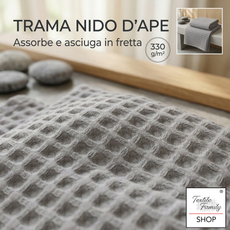 Honigwabenhandtücher 100 % Baumwolle 330 g/m² hergestellt in Italien – Set 2 Teile (60x110 + 40x60) Tex Family – Grün