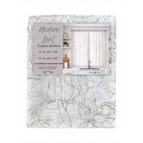 Pair of Modern Leaf Beige Semi-transparent Glass Curtains in Bouclè with Tunnel for Fore-end – 2 Made in Italy Curtains