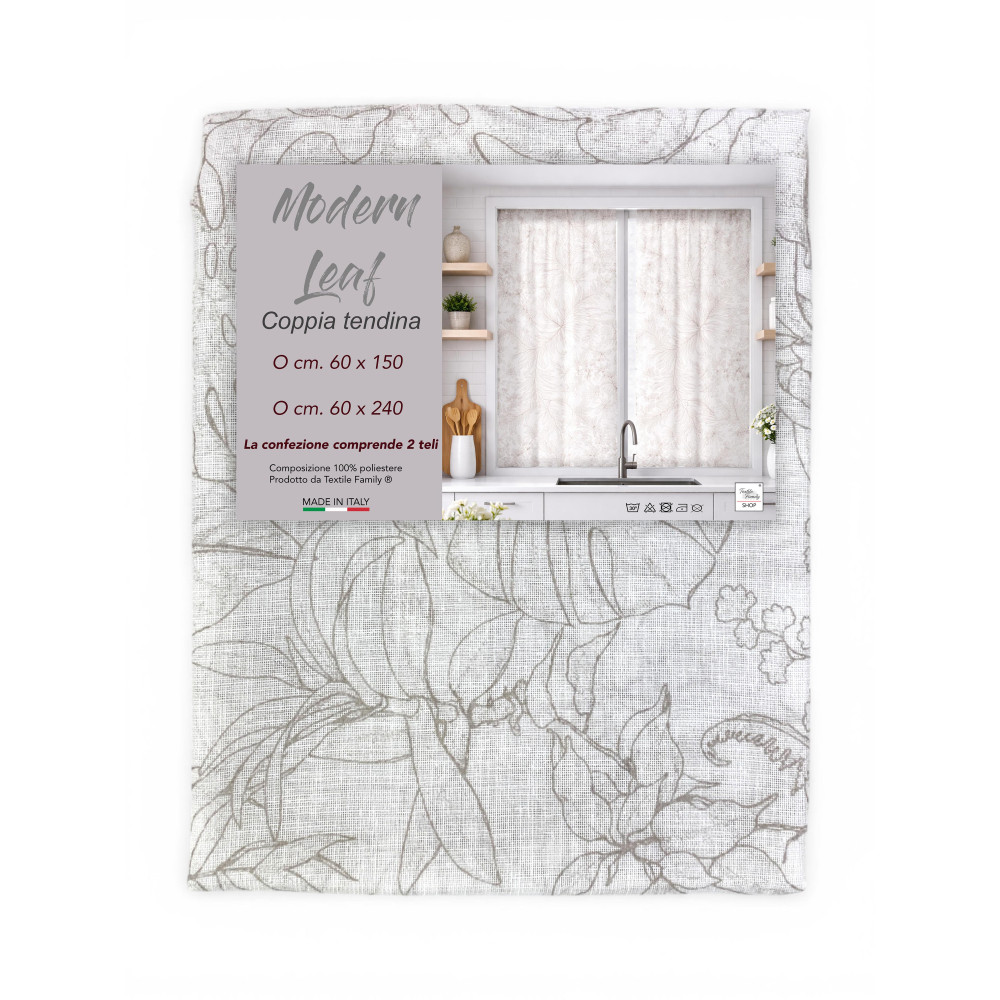 Pair of Modern Leaf Beige Semi-transparent Glass Curtains in Bouclè with Tunnel for Fore-end – 2 Made in Italy Curtains